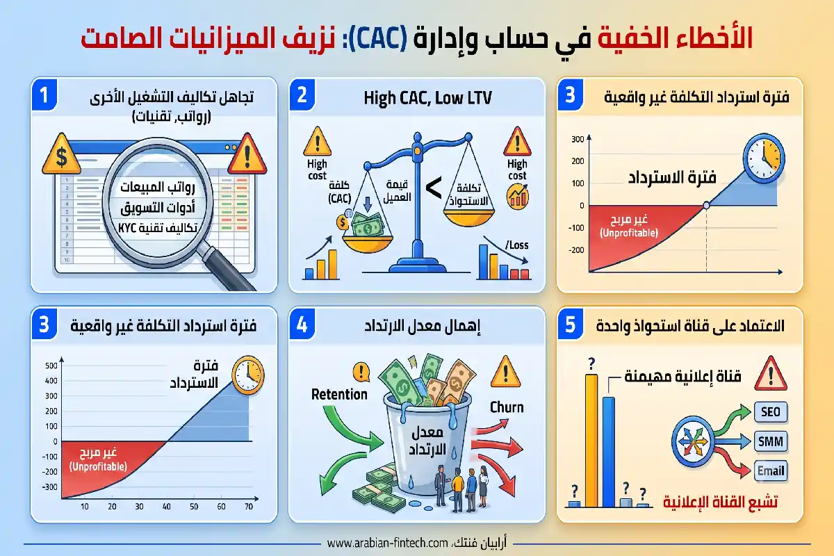 7 استراتيجيات لتحسين تكلفة الاستحواذ على العميل في الفنتك إنفوجرافيك يوضح التكاليف الخفية عند حساب تكلفة الاستحواذ على العميل CAC في شركات التقنية المالية، مثل رواتب المبيعات وتقنيات الامتثال التنظيمي.
