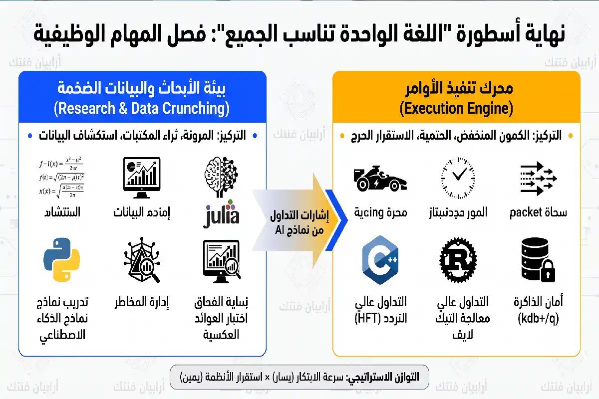 لغات البرمجة المالية وتطوير التداول الخوارزمي انفوجرافيك يوضح التحول المعماري وفصل المهام في لغات البرمجة المالية وتكامل الذكاء الاصطناعي.
